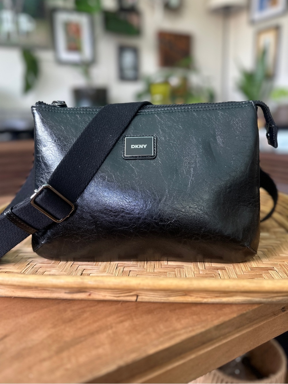 DKNY Black Crinkled Faux Leather Triple Compartment Crossbody Bag